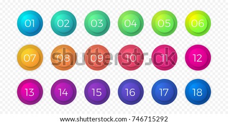 Number bullet point flat color gradient web icons set. Step circle buttons or 18 number bullet buttons vector isolated round bubbles on transparent background for web design or internet page template