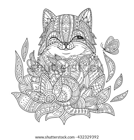 Zentangle Stylized Cat In Flowers With Butterfly Hand Drawn Fat Fluffy Portrait For Adult