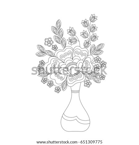 Coloring Book For Adults And Children Bouquet Of Fantasy Flowers In Vase Black