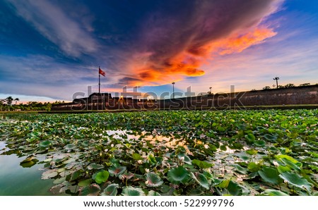 Hue Flagstaff in Hue City Vietnam , 14 June 2016 : Amazing sunrise in Hue Flagstaff with lotus lake in Hue City, Most Famous City for travel in Vietnam, Vietnam Unesco World Heritage Site
