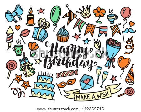 Colorful Happy Birthday Party Lettering And Doodle Set Vector Illustration Isolated On White Background