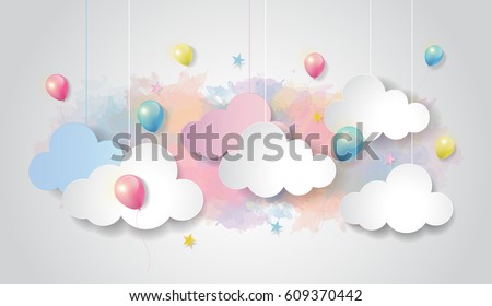 Colorful balloon and cloud on watercolor sky background, paper cut design style, vector illustration.