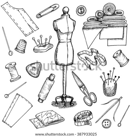 sewing vector supplies thimble drawn hand shutterstock rolls fabric tailoring illustrations pattern dummy