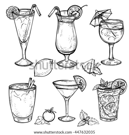 Sketch Cocktails Alcohol Drinks Set Hand Stock Illustration 447632035 ...