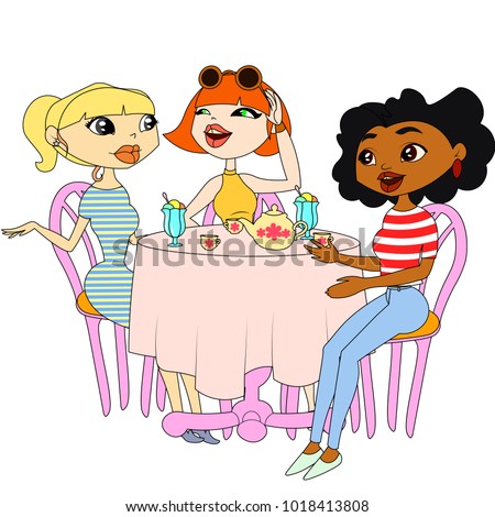 Three Girls Sitting Table Three Girls Stock Vector (Royalty Free ...