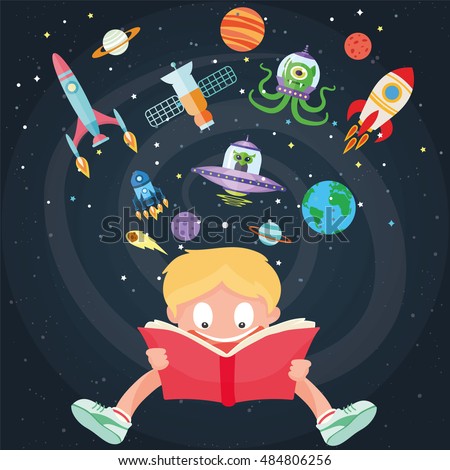 Imagination Concept Boy Reading Book Rocket Stock Vector 345722954 ...