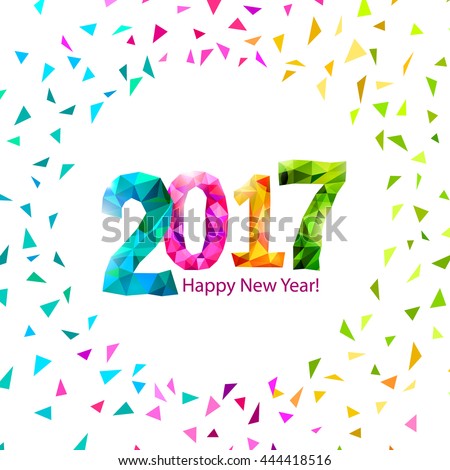 Happy New Year 2017 greeting card with colorful triangle shape multicolor confetti. Vector.