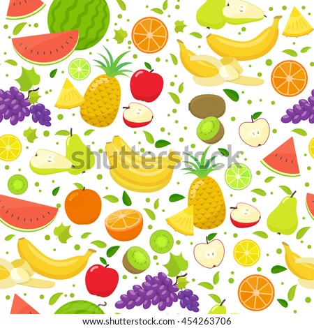 Seamless pattern of colorful cartoon fruits on a white background. Vector stock illustration.