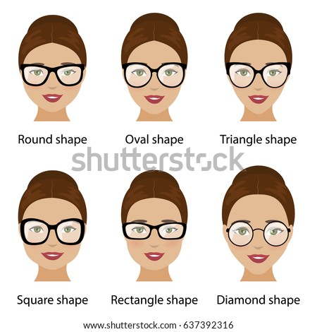 stock vector spectacle frames shapes and different types of women face shapes face types as oval round 637392316