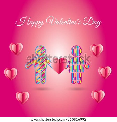 Happy Valentines Day greeting card. Vector illustration. Romantic poster with hearts, man and woman icons abstract background. Love, poster, banner, e-card. Advertising, design Calligraphy silhouette