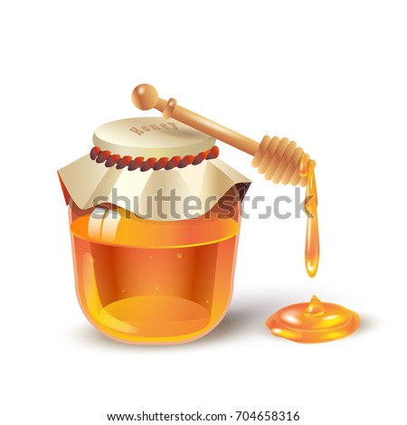 Honey jar with honey dripping from wooden honey dipper isolated on white background. Honey splash, fresh healthy food. 3D realistic Vector. Traditional sweet dessert for Rosh Hashanah, Jewish New Year