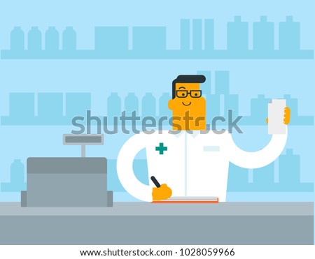 Caucasian white pharmacist holding a prescription and writing notes. Pharmacist in medical gown standing behind the counter and reading a prescription. Vector cartoon illustration. Square layout.