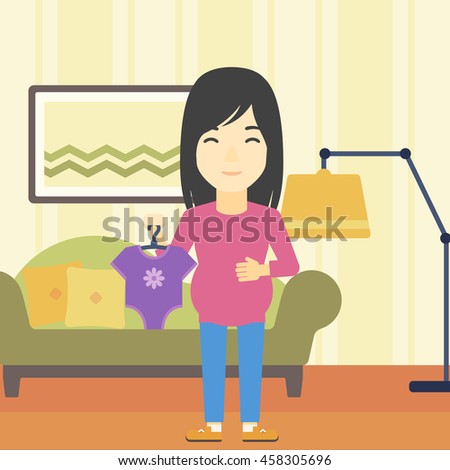 An asian pregnant woman holding clothes for her baby. Pregnant woman with bodysuit for baby. Pregnant woman with presents at baby shower. Vector flat design illustration. Square layout.