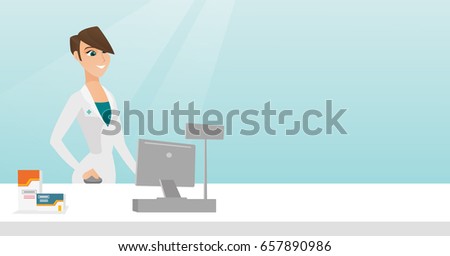 Young pharmacist in a medical gown standing behind the counter in a pharmacy. Pharmacist working in a drugstore. Pharmacist working on a computer. Vector flat design illustration. Horizontal layout.