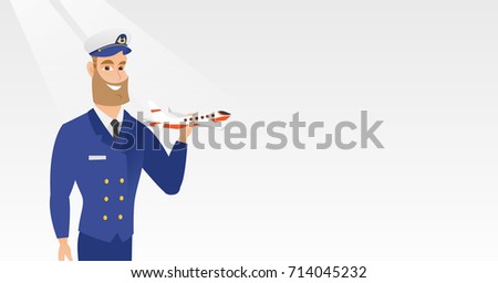 Young caucasian airline pilot holding the model of airplane in hand. Cheerful hipster airline pilot in uniform. Smiling pilot with the model of airplane. Vector cartoon illustration. Horizontal layout