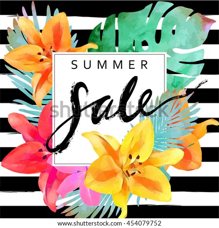 Trendy floral vector template. Summer flowers and "Summer sale" lettering illustration. Tropical leaves and exotic flowers texture on striped background.