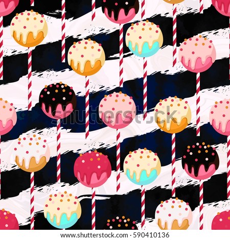 Candy vector seamless pattern with different colors chocolate cake-pops on stripped sticks. Pink, mint blue, gold, white, black and yellow colors. Marble and art-stroke stripes texture.