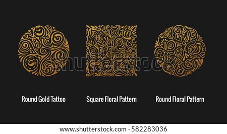 Round calligraphic royal gold emblem set. Vector floral symbol for cafe, restaurant, shop, print, stamp. Logo design template label for coffee, tea, business card. Isolated gothic tattoo ornament