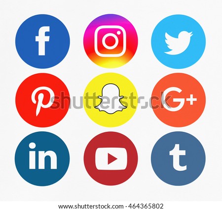 Bangkok, Thailand - Aug 5, 2016 - Set of popular social media sharing icons : Facebook icon, Instagram, Twitter, Pinterest, Google Plus icon, Linkedin, Youtube, Snapchat and Tumblr. Printed on paper.