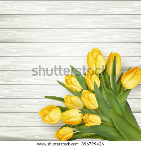 Beautiful Yellow  Tulips  On Wooden Background Stock Vector  