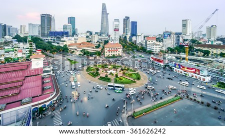HO CHI MINH, VIETNAM - December 10, 2015 Ben Thanh Market and Quach Thi Trang park in Ho Chi Minh city, in evening, Vietnam on December 10, 2015. Ho Chi Minh city is the biggest city in Vietnam.