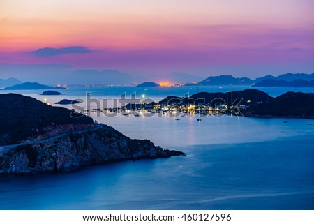 VIETNAM , JUL 20 2016 : Beautiful panoramic landscape of Vietnam beach, Vinh Hy bay, Ninh Thuan, group of boat anchor at fishing village, fantastic holiday when travel at Viet Nam in summer or spring