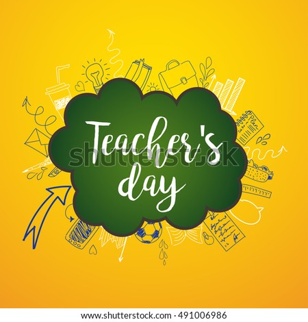 Happy Teacher's day - unique handdrawn typography poster with school blue lined essentials . Vector art. Great design element for congratulation cards, banners and flyers.