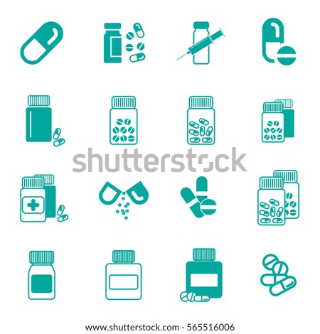 Set of Different Pill or Drug Jars Icons Isolated on White Background.