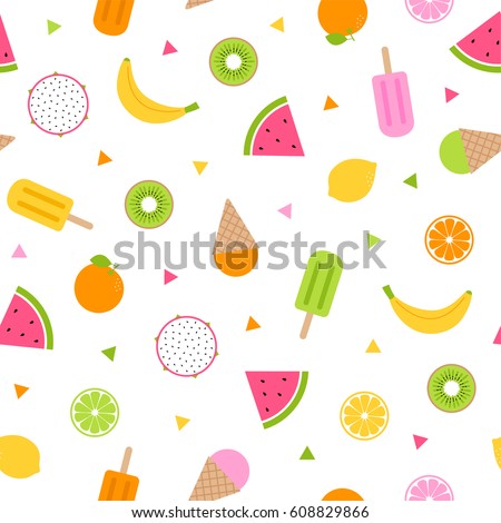 Cute tropical fruits and ice cream seamless pattern background