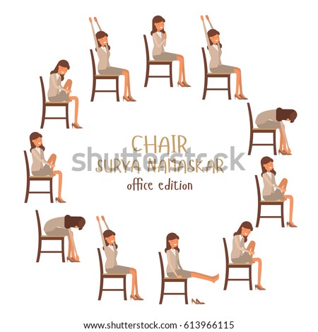 Round Vector Illustration Of Chair Sun Salutation Positions Woman In Suit Doing Yoga At Work Round Vector Illustration Of Chair Sun Salutation Positions Woman In Suit Doing Yoga At Work