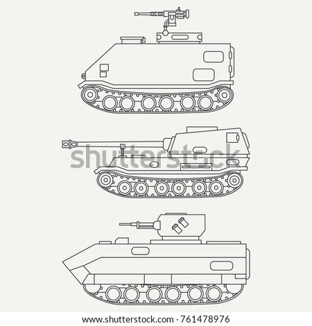 Line flat vector icon set infantry assault army tank. Military vehicle. Cartoon vintage style. Soldiers. Armored shell. Corps. Weaponry. Tow tractor unit. Simple. Illustration, element for design.