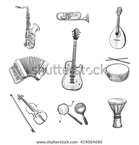 Set Music Instruments Hand Drawn Vector Stock Vector 98637233 ...