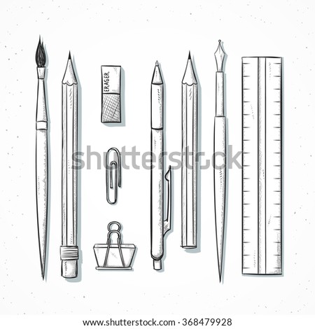 ruler set sketch Style Sketch Handmade Isolated Stationery Set Vector Stock