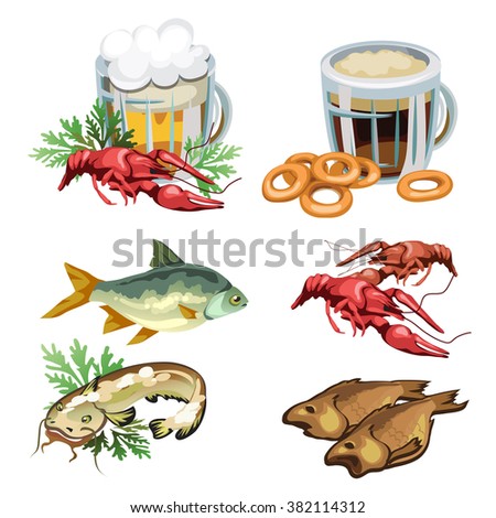 Set of products for consumption of beer and kvass. Dried river fish and crayfish. Vector illustration.