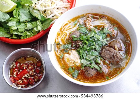 Bun Bo Hue, Bun Bo, Vietnamese noodle. A bowl of beef & rice vermicelli soup, vietnamese noodle cuisine in Hue, Vietnam
