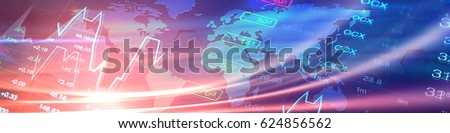 Economy, business, financial banner. Economy collage with world map at background of stock market charts and data. Header banner background for global economy, finance, business themes and news.