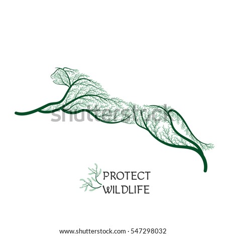 protect wildlife jumping cheetah stylized green bushes for use as logos on cards, in printing, posters, invitations, web design and other purposes.