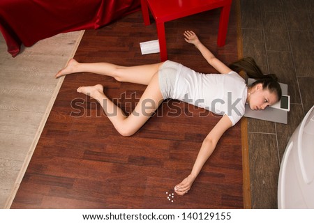 Crime Scene Simulation. Overdosed Girl Lying On The Floor 