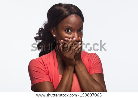 Young African American woman keeps quiet, horizontal