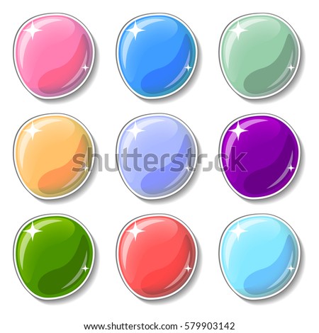 Elegant colorful buttons with glass surface effect. Blank vector buttons set for web design or game graphic. Bright marbles on white background. Empty bubbles for text or word. Board pins isolated