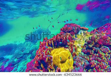 Fantastic underwater landscape with tropical fishes and coral reef. Coral reef nature digital illustration. Tropical lagoon poster template. Exotic aquarium with coral fish. Undersea coral reef life