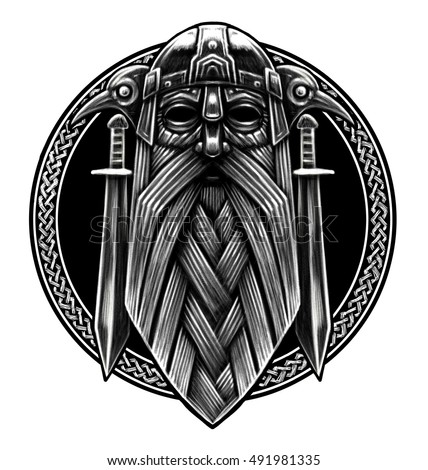 Norse God Odin Crows Swords Graphic Stock Illustration 491981335