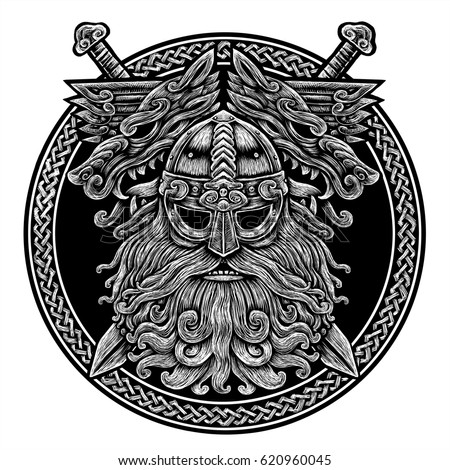 Norse God Odin Wolf Swords Graphic Stock Illustration 