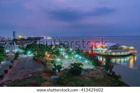 KIEN GIANG, VIET NAM, September 14, 2015 the coastal city of Rach Gia, Kien Giang, Vietnam, in the evening