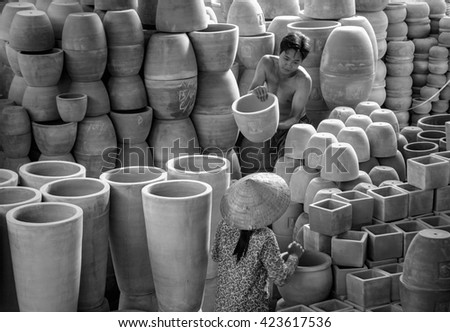 Vinh Long, Vietnam, April 14, 2016 workers, traditional pottery, Vinh Long province, Vietnam