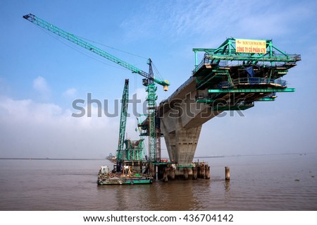 HAI PHONG, VIETNAM, June 10, 2016 cable-stayed bridge, which connects the city of Haiphong to Cat Ba island, Vietnam, being the Japanese architect, construction