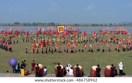 HAI DUONG, Vietnam, September 17, 2016 people, rural Hai Duong, dragon dance festival, commemorates the loss, for general Tran Hung Dao, at the river at first, Kiep Bac, Hai Duong