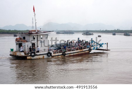 CAT BA, VIET NAM, June 10, 2016 tourists take the ferry Dinh Vu, to the Bay Cat Ba, Hai Phong City, Vietnam
