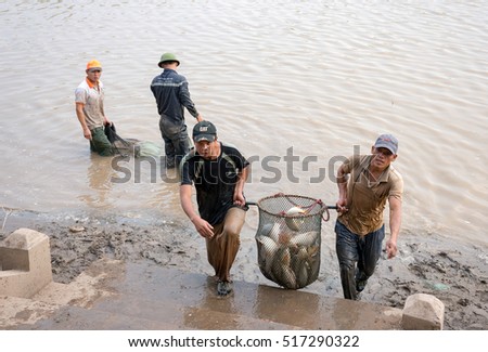 QUANG NGAI, Vietnam, November 17, 2016 farmers, rural Quang Ngai, Vietnam, fishing. Where lakes