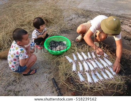 HAI DUONG, Vietnam, November 19, 2016 fathers and children, rural Hai Duong, Vietnam, fire, called (THUI) many field mice, this is their favorite food